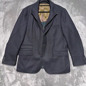 Q Mens Blazer Jacket 44R Navy Blue Zip‎ Inset Wool Plaid Lining Textured Coat